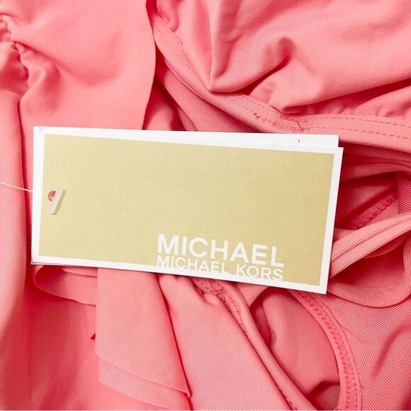 NWT Michael Kors Ruffled Low Cut One Piece Swimsuit Grapefruit Pink Size 10 NEW - Picture 11 of 16
